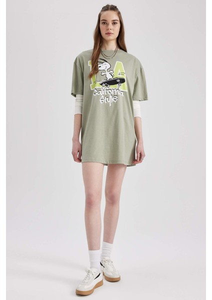 Coool Snoopy Oversize Fit Penye Mini Kısa Kollu %100 Pamuk Elbise Green