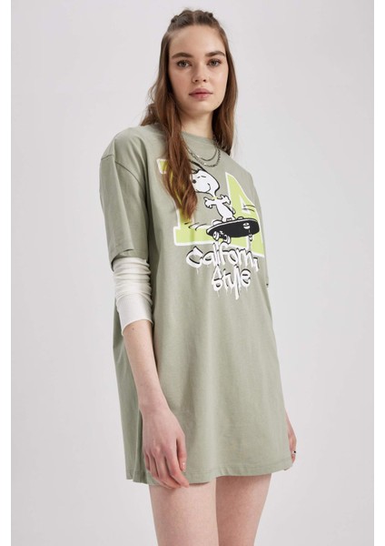 Coool Snoopy Oversize Fit Penye Mini Kısa Kollu %100 Pamuk Elbise Green