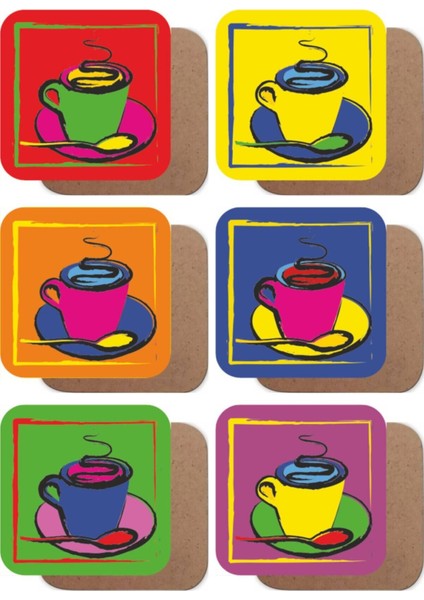 Pop Art Renkli Fincanlar 6lı Ahşap Bardak Altlığı Seti