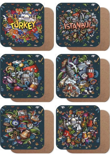 Istanbul El Çizimi Minyatürler Temalı 6lı Ahşap Bardak Altlığı Seti
