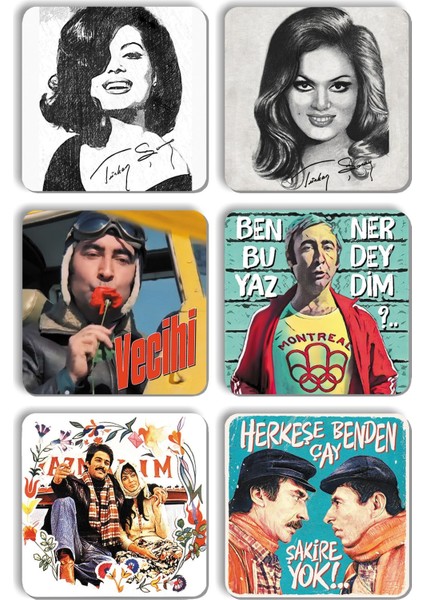 6'lı Takım Kare Türkan Şoray Yeşilçam Şener Şen Bardak Altlıkları(10 X10 Cm)