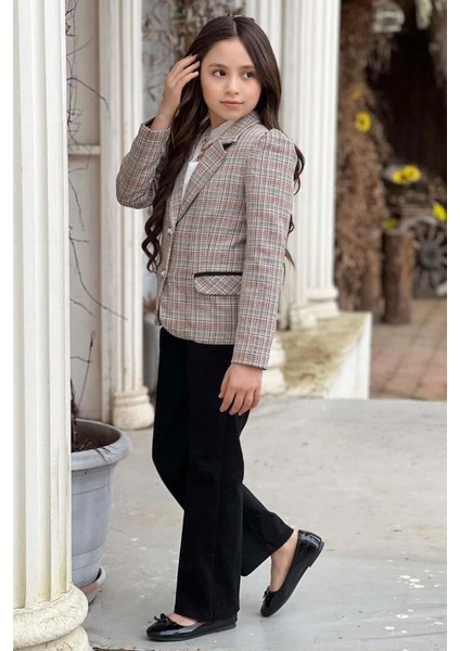 Kız Çocuk Yakası Açık ve Taş Detaylı Bluz Ekose Çizgi Blazer Ceket Kemerli Siyah Alt Üst Takım fiyatları