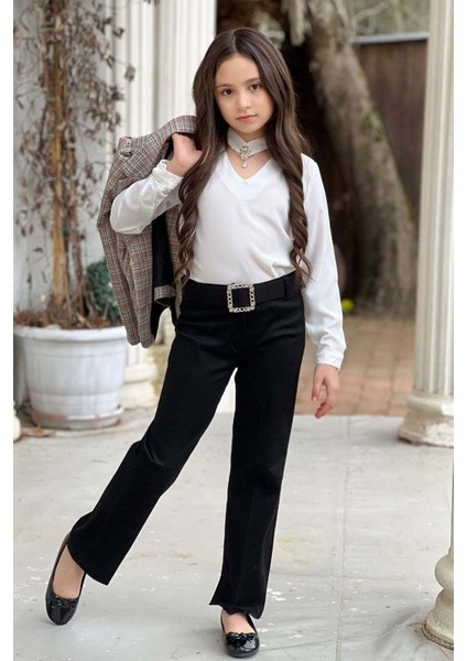 Kız Çocuk Yakası Açık ve Taş Detaylı Bluz Ekose Çizgi Blazer Ceket Kemerli Siyah Alt Üst Takım modelleri