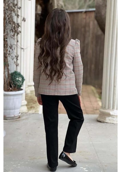 Kız Çocuk Yakası Açık ve Taş Detaylı Bluz Ekose Çizgi Blazer Ceket Kemerli Siyah Alt Üst Takım fırsatları
