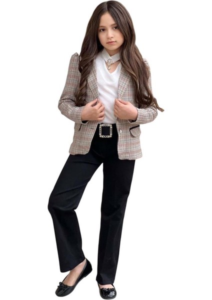Kız Çocuk Yakası Açık ve Taş Detaylı Bluz Ekose Çizgi Blazer Ceket Kemerli Siyah Alt Üst Takım indirimleri