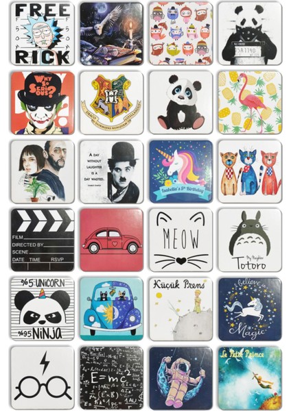 24'lü Takım Kare Baykuş Panda Flamingo Unicorn Kediler Illüstrasyon Bardak Altlıkları(10 X10 Cm)