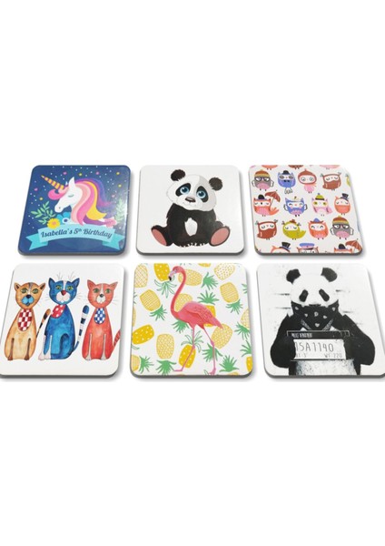 24'lü Takım Kare Baykuş Panda Flamingo Unicorn Kediler Illüstrasyon Bardak Altlıkları(10 X10 Cm)