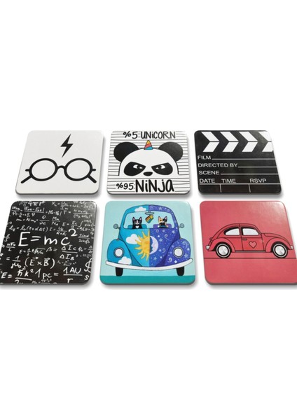 24'lü Takım Kare Baykuş Panda Flamingo Unicorn Kediler Illüstrasyon Bardak Altlıkları(10 X10 Cm)
