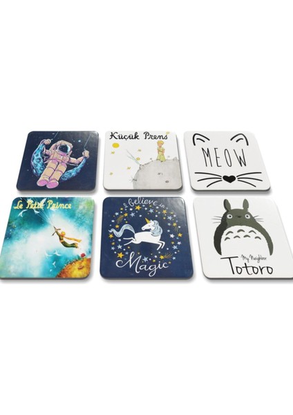 24'lü Takım Kare Baykuş Panda Flamingo Unicorn Kediler Illüstrasyon Bardak Altlıkları(10 X10 Cm)