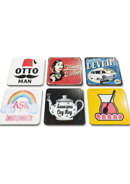 6'lı Takım Kare Devrim Çay Turkish Coffe Otto Man Bardak Altlıkları(10 X10 Cm)
