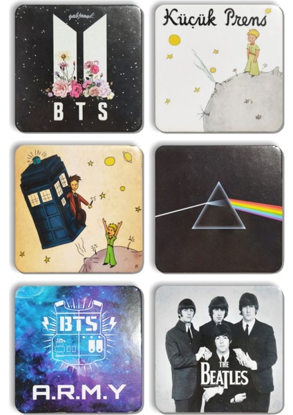 Siyah Bts Küçük Prens Army The Beatles Kare Bardak Altlığı Takım 6'lı 10 X10 cm