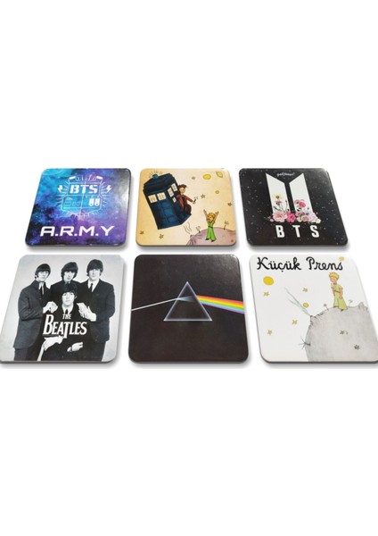 Siyah Bts Küçük Prens Army The Beatles Kare Bardak Altlığı Takım 6'lı 10 X10 cm