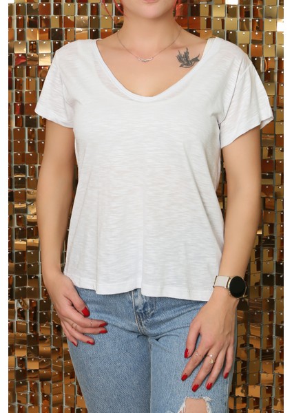 Kadın V Yaka Penye T Shirt