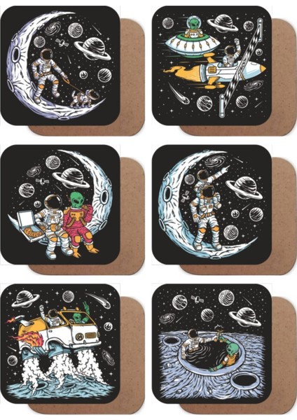 Uzayda Hayat Var, Eğlenceli Astronot 6lı Ahşap Bardak Altlığı Seti
