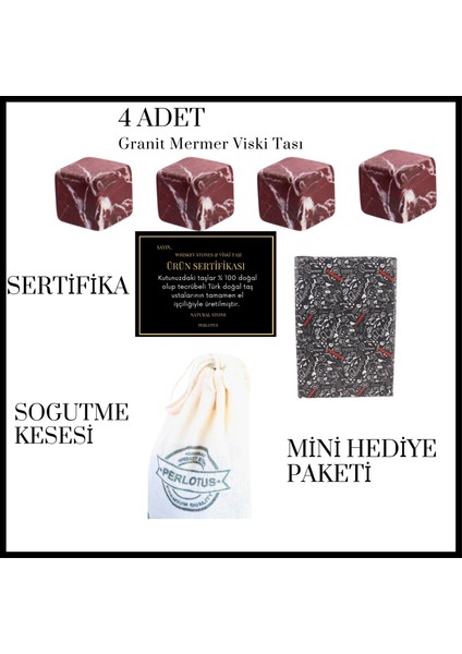 Vişne Mermer Viski Taşı 4’lü Bez Keseli Hediye Paketli Set fırsatları