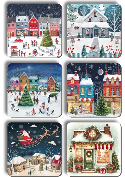 Yeni Yıl Noel Yılbaşı Ahşap Bardak Altlığı Noel Baba Kardan Adam Kış Manzaraları - 6 Adet