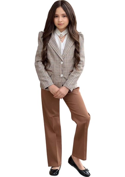 Kız Çocuk Yakası Açık ve Taş Detaylı Bluz Ekose Çizgi Blazer Ceket Kemerli Taba Alt Üst Takım indirimleri