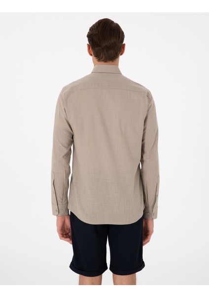 Erkek Vizon Keten Görünümlü Slim Fit Uzun Kollu Gömlek 50307025-VR052