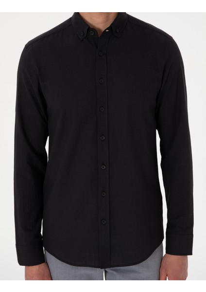 Erkek Siyah Keten Görünümlü Slim Fit Uzun Kollu Gömlek 50307025-VR046
