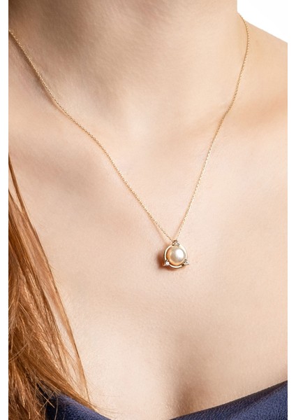 Diamond Collection 14 K Sarı Altın 0,11 Karat Pırlanta Doğal Inci Kolye