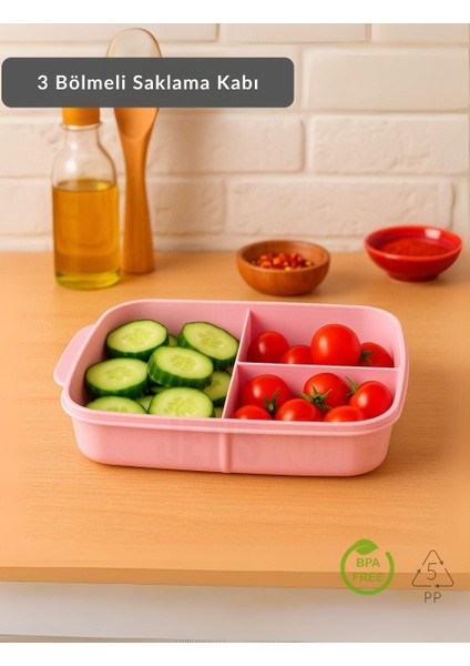 3 Bölmeli Saklama Kabı Bpa Free Beslenme Kabı Hava Almaz Kab Pembe 1500 ml