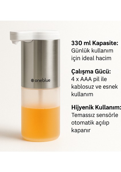 OB-HS500 Sensörlü Sıvı Sabunluk – 330 Ml, Ipx4, Köpük ve Sıvı Sabun Uyumlu, Paslanmaz