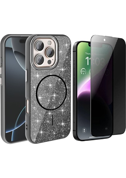 Apple iPhone 16 Pro Max Kılıf M-safe Şarj Özellikli Parlayan Simli Okso Kapak + Hayalet Ekran Koruyucu