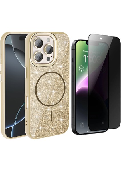 Apple iPhone 16 Pro Max Kılıf M-safe Şarj Özellikli Parlayan Simli Okso Kapak + Hayalet Ekran Koruyucu