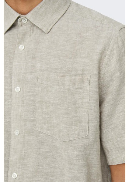 Erkek Onscaıden Kısa Kollu Tek Cepli Keten Gömlek 22031805 Yeşil modelleri