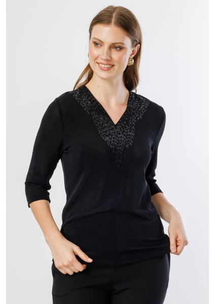 Kadın Büyük Beden Yakası Taşlı Yarım Kollu Bluz 3918 Siyah fiyatları