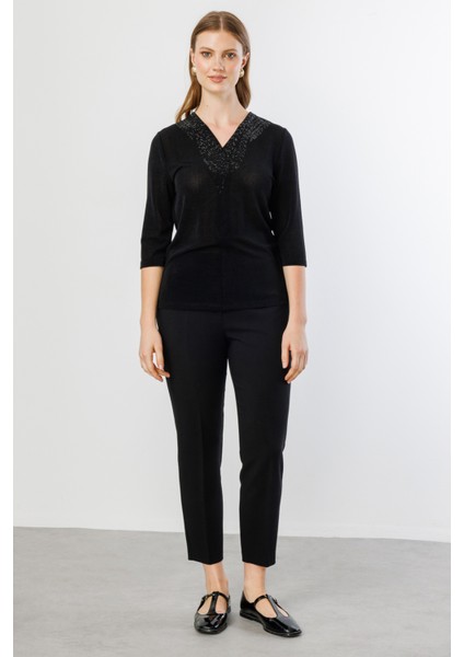 Kadın Büyük Beden Yakası Taşlı Yarım Kollu Bluz 3918 Siyah modelleri