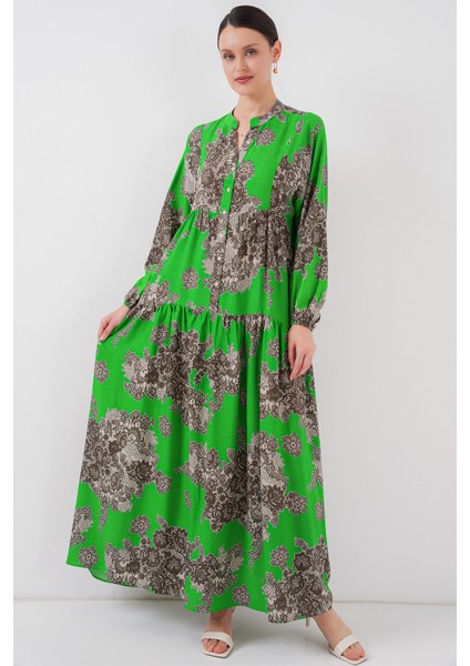 2423 Otantik Desenli Tesettür Elbise - Siyah - Yeşil