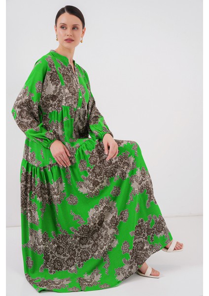 2423 Otantik Desenli Tesettür Elbise - Siyah - Yeşil fiyatları