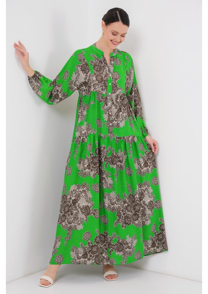2423 Otantik Desenli Tesettür Elbise - Siyah - Yeşil modelleri