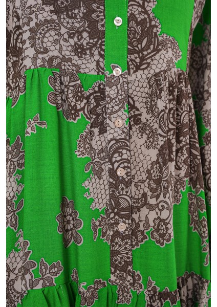 2423 Otantik Desenli Tesettür Elbise - Siyah - Yeşil fırsatları