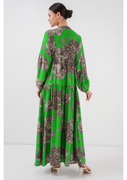2423 Otantik Desenli Tesettür Elbise - Siyah - Yeşil indirimleri