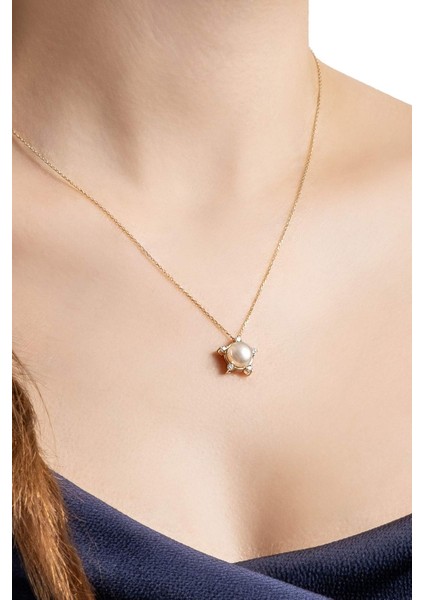 Diamond Collection 14 K Sarı Altın 0,17 Karat Pırlanta Doğal Inci Kolye