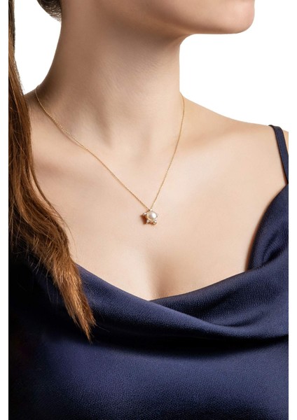 Diamond Collection 14 K Sarı Altın 0,17 Karat Pırlanta Doğal Inci Kolye