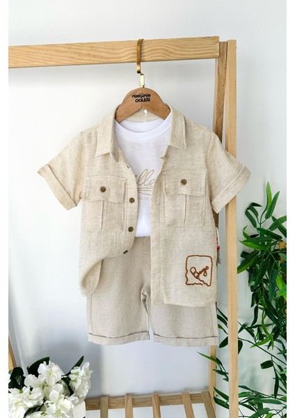 Müslin, Nakış Detaylı Erkek Çocuk Şortlu 3 Lü Takım - Bej