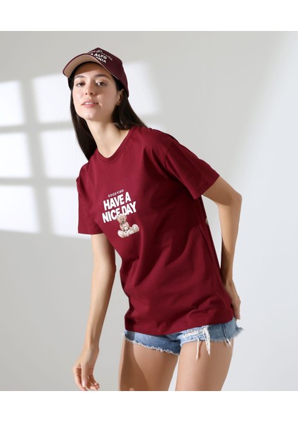 Kadın Ön ve Arka Ayıcık Baskılı Bisiklet Yaka T-Shirt