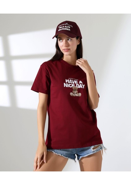 Kadın Ön ve Arka Ayıcık Baskılı Bisiklet Yaka T-Shirt