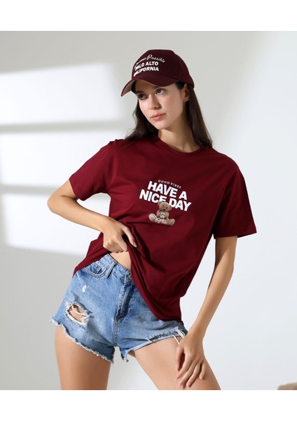 Kadın Ön ve Arka Ayıcık Baskılı Bisiklet Yaka T-Shirt