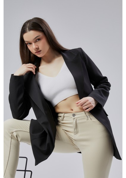 Siyah Kruvaze Uzun Blazer Ceket