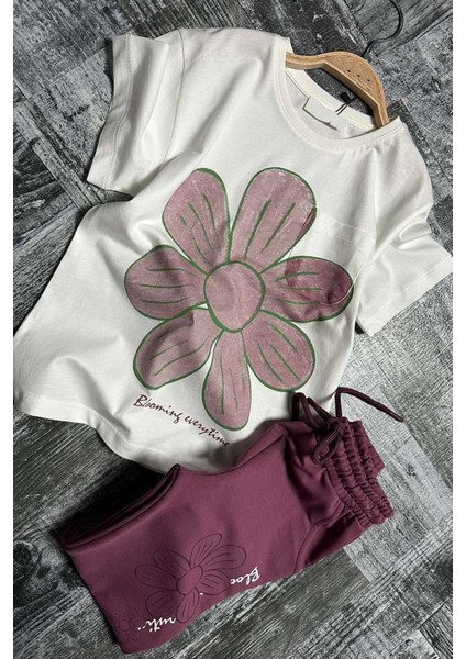 Kız Çocuk Üzeri Papatya Baskılı T-Shirt Çift Cepli Lastikli Mor Pijama Takımı