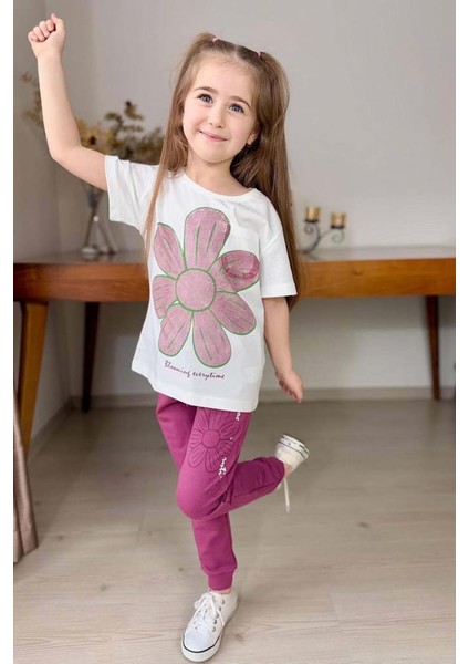 Kız Çocuk Üzeri Papatya Baskılı T-Shirt Çift Cepli Lastikli Mor Pijama Takımı fiyatları