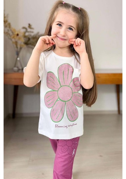 Kız Çocuk Üzeri Papatya Baskılı T-Shirt Çift Cepli Lastikli Mor Pijama Takımı modelleri