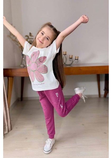 Kız Çocuk Üzeri Papatya Baskılı T-Shirt Çift Cepli Lastikli Mor Pijama Takımı fırsatları
