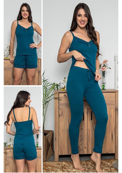 Kadın Petrol Renkli Dantel Detaylı Şortlu ve Taytlı Pijama Takımı 3'lü Set 75007