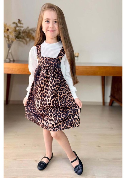 Kız Çocuk Dik Yaka Fitilli Kazak Askılı Leopar Desenli Salopet Takım