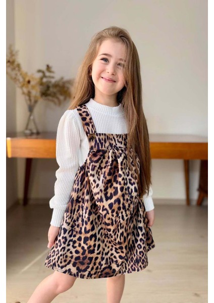 Kız Çocuk Dik Yaka Fitilli Kazak Askılı Leopar Desenli Salopet Takım fiyatları